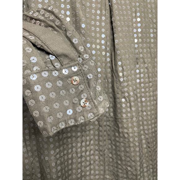 Anthropologie Maeve Sequin Button Down Shirt Size Small Olive Green Long Sleeve - Picture 10 of 10